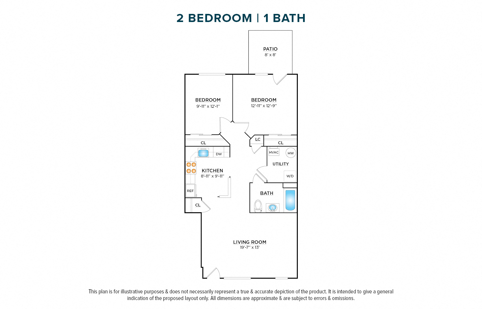Floor plan for 2 beds, 1 bath, 1008 sqft